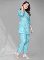 Cotton Sky Blue Casual Wear Printed Readymade Cord Set